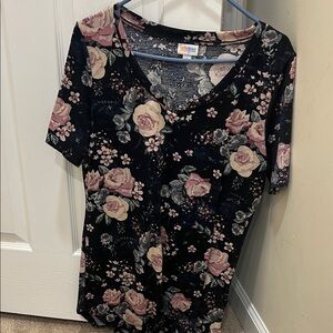 LuLaRoe  - Iris - Floral V-Neck Top - Black and Pink